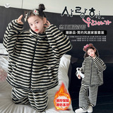 女童条纹睡衣加绒套装2025年冬季新款中大童拉链衫阔腿裤休闲两件，童装家居服（睡衣），祺儿童装