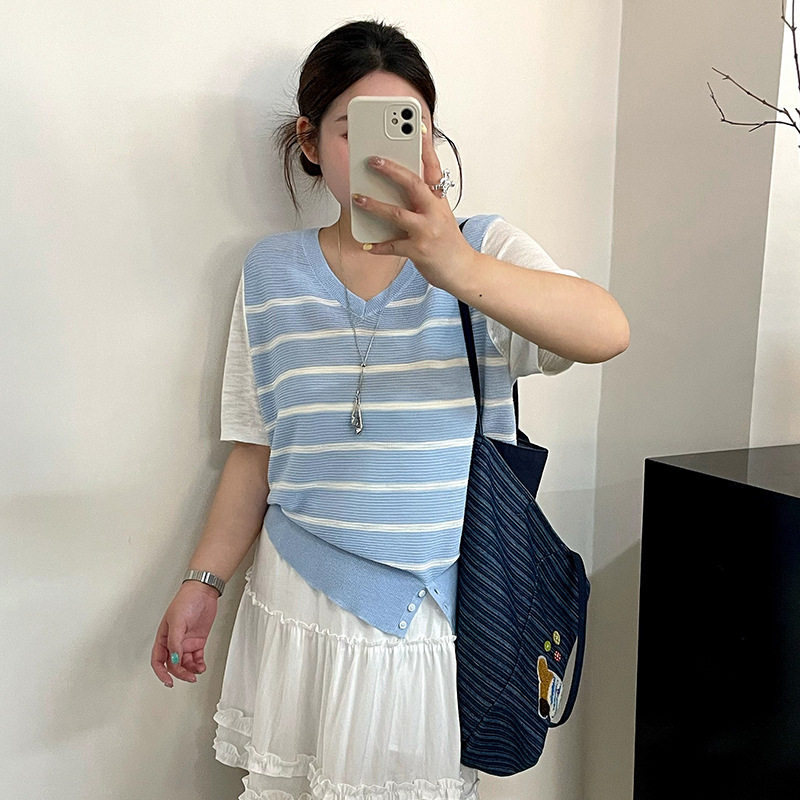大码女装23868v领撞色条纹衫女开叉针织衫2026夏胖mm显瘦短袖t恤