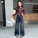 女童2025年冬季新款小清新后袋爱心刺绣牛仔裤女孩户外加绒阔腿裤，童装裤子，祺儿童装