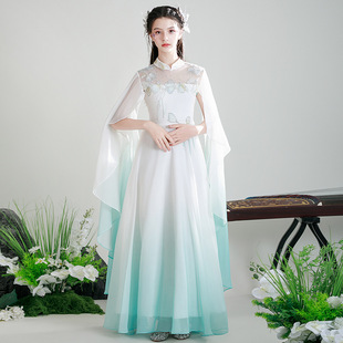 淡雅雪纺飘逸古筝演出服2025秋冬新款古风双色渐变团体表演演出服