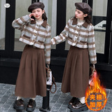 女童2025年秋冬加棉英伦风格子外套中大童保暖加厚半身裙呢大衣潮，童装休闲套装，祺儿童装