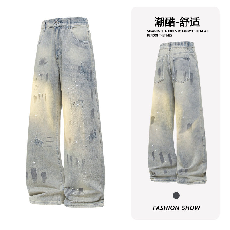 Fearless Land 复古泼墨漆点牛仔裤美式高街cleanfit宽松休闲长裤