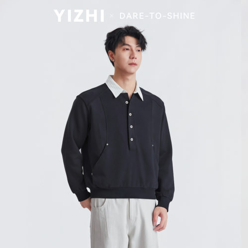亦止2026秋男装亨利领半开扣假两件卫衣男秋季宽松高级感套头上衣