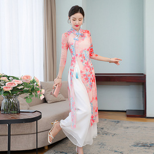 夏新款中式复古立领印花改良奥黛旗袍裙国风走秀舞蹈裙三件套装女
