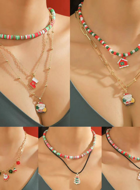 饰品亚马逊新品圣诞节日项链欧美多层圣诞项链圣诞节项链