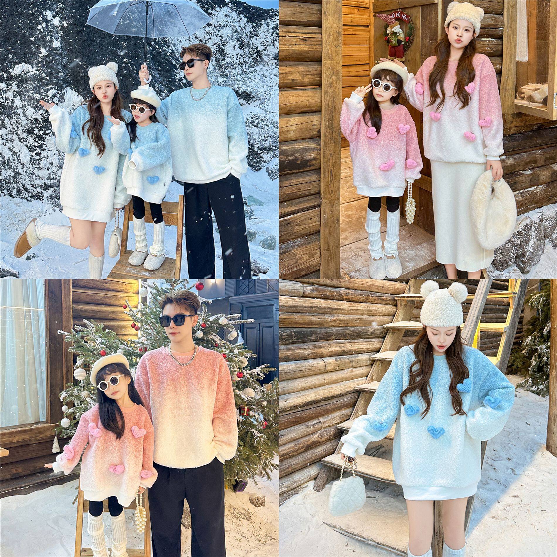 韩版婴儿亲子装卫衣一家三口四口冬装加绒加厚立体爱心亲子外套潮