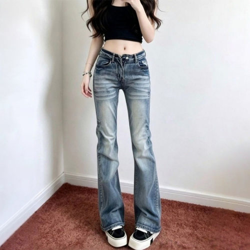 复古低腰辣妹折痕设计牛仔裤女秋季新款弹力百搭显瘦窄版直筒长裤