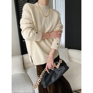 初冬前奏曲 慵懒风设计感翻折袖口半领针织衫毛衣