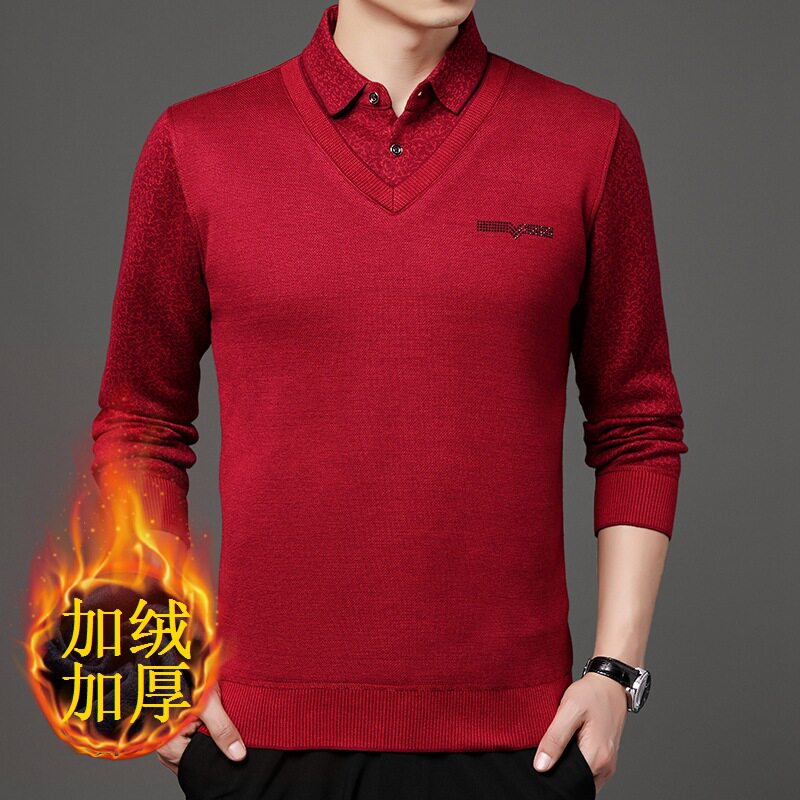 带领男士保暖内衣本命年大红色毛衣假两件针织衫加绒加厚上衣衬衫