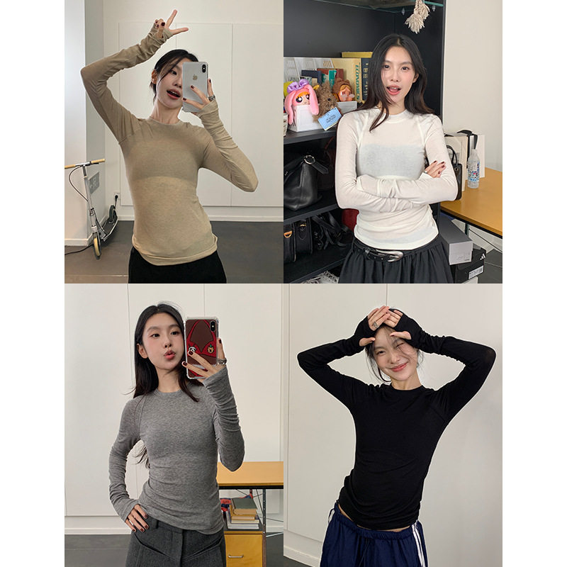 EAL天丝羊毛打底衫女秋冬新款内搭修身显瘦简约正肩圆领长袖t恤