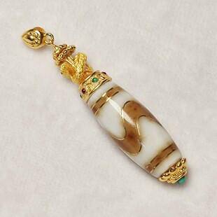 白芯钙化玛瑙措铜虎牙天珠S925纯银镀金藏饰金刚莲花元素组合吊坠