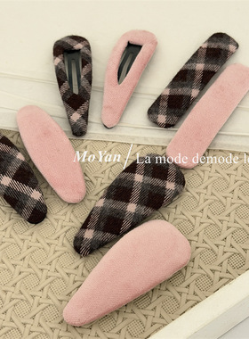 韩版复古简约粉色系格纹布艺发夹网红气质刘海夹侧边bb夹百搭发卡