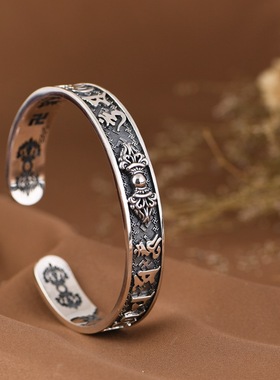 925纯银金刚杵梵文情侣银手镯