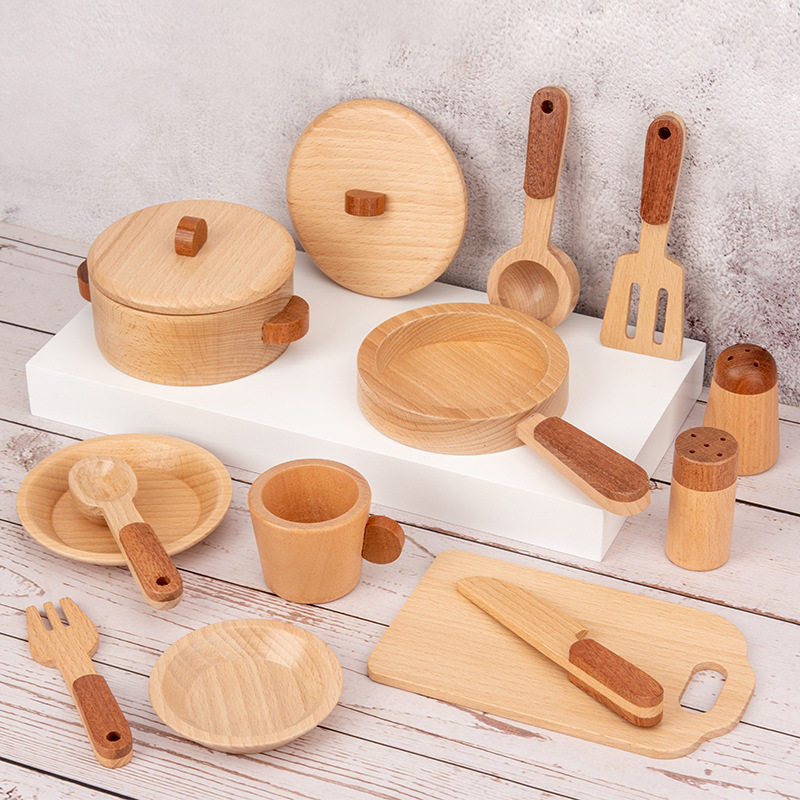 环保全实木制厨房玩具仿真厨具儿童做饭锅具套装水果切切看过家家