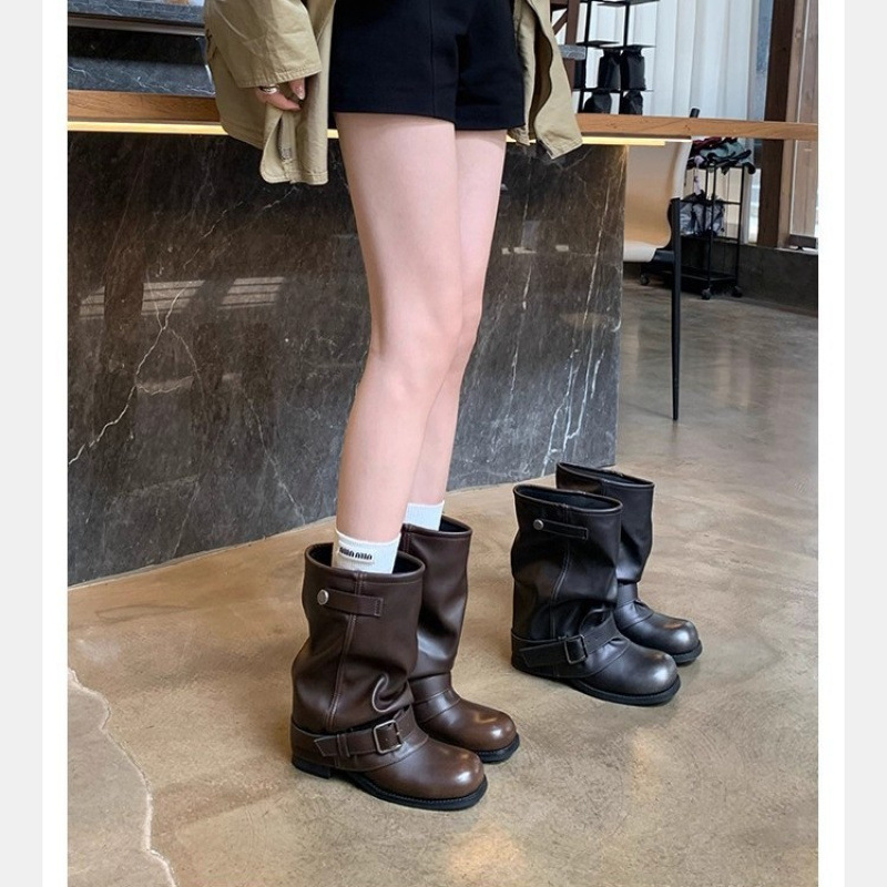真皮版！辣妹裤管短靴女褶皱堆堆靴复古英伦风美拉德西部马丁靴