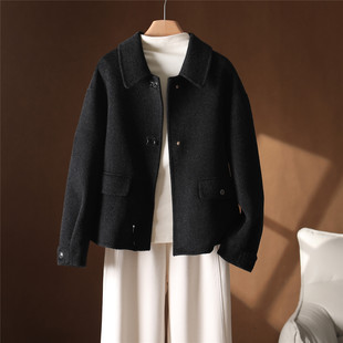 冬新款深灰色气质小翻领双面羊绒大衣女小个子羊毛短款保暖呢外套