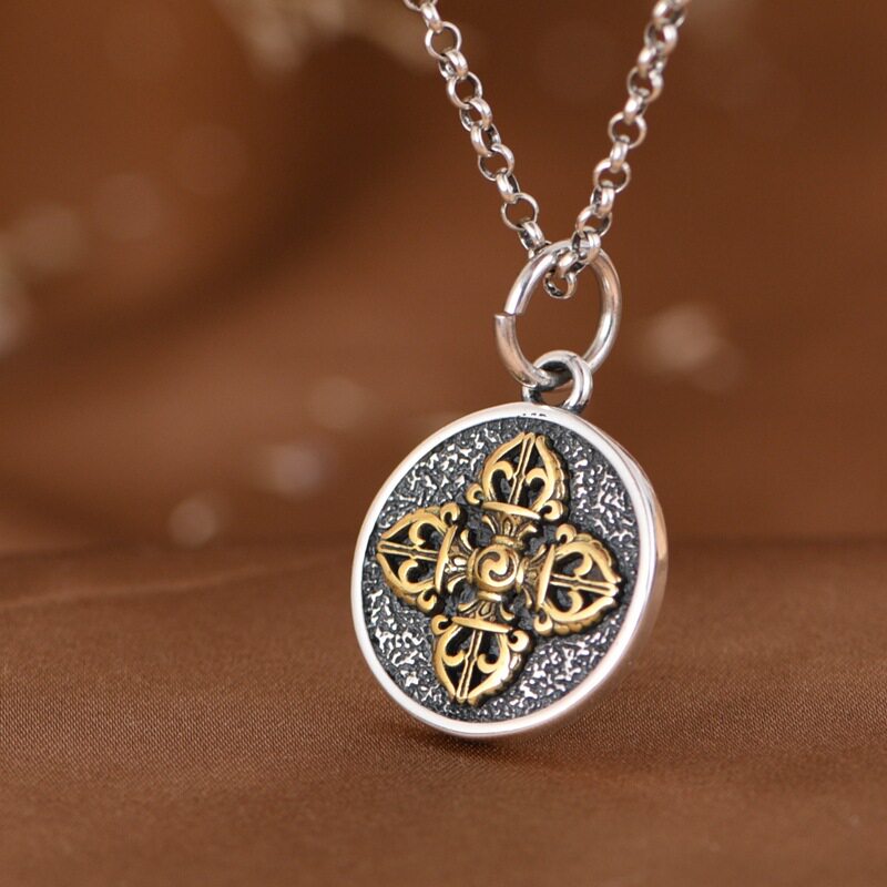 S925纯银十字金刚杵吊坠圆牌银铜复古工艺双面吊牌银饰品项链坠女