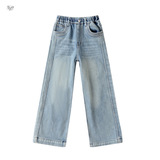 女童牛仔裤2025秋冬新款拼接加绒阔腿裤中大童后袋刺绣直筒裤长裤，童装裤子，祺儿童装