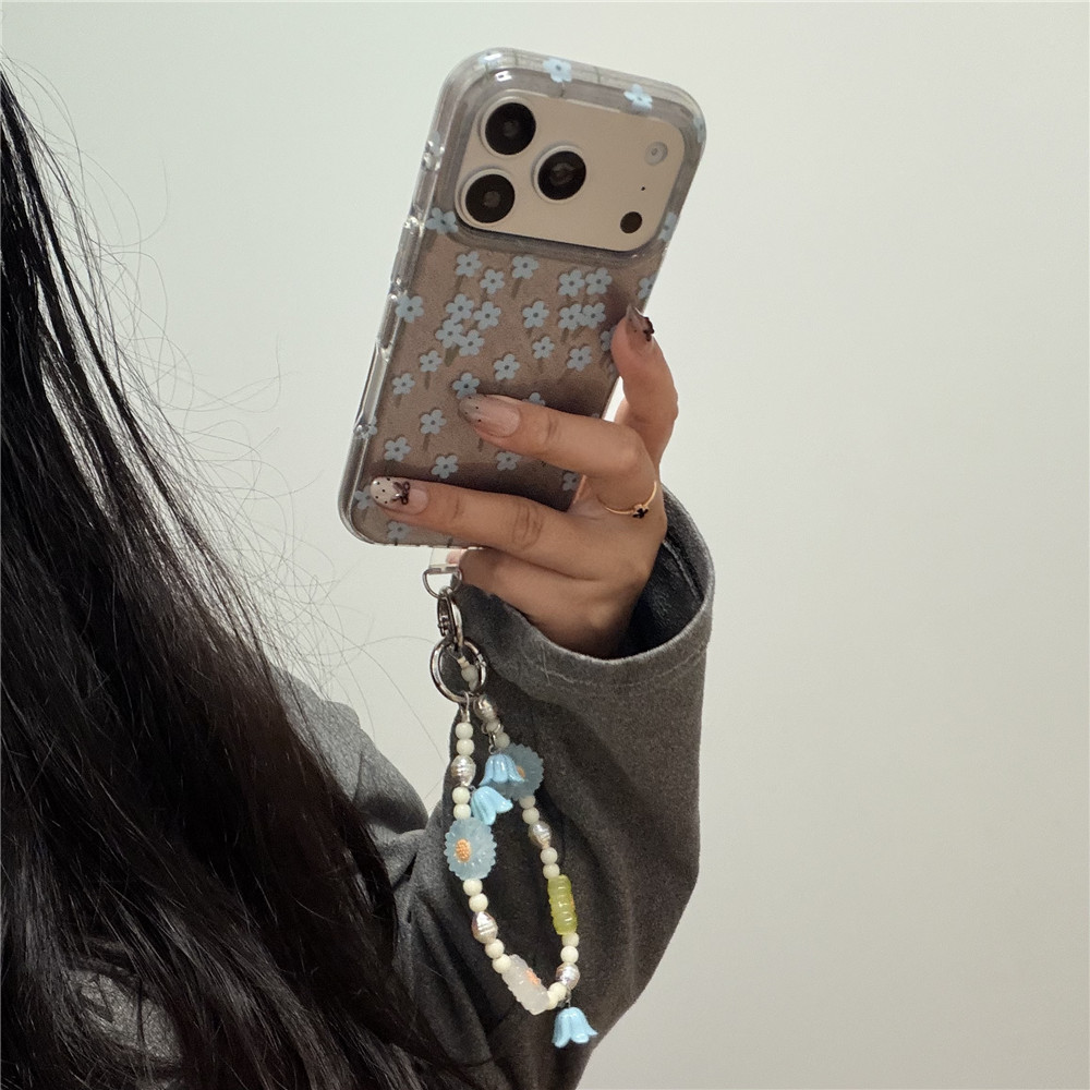 ins少女心清新蓝色碎花适用17promax手机壳苹果16链条iPhone15/17全包双层