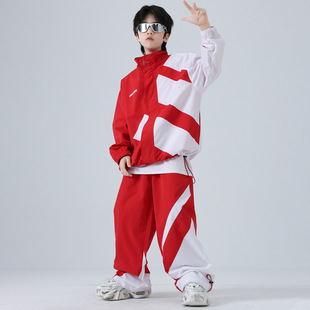 街舞儿童潮服男女童嘻哈套装红白色中小学生运动会开幕式演出班服