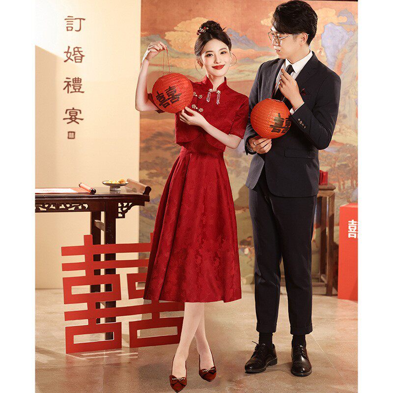 新中式旗袍敬酒服新娘2026新款结婚回门出阁便装短袖红色订婚礼服