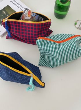 大容量撞色格子包化妆包女ins风便携化妆品收纳袋护肤品洗漱收纳