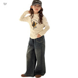 女童2025年冬季新款前贴口袋复古牛仔裤女大童冬季加绒加厚阔腿裤，童装裤子，祺儿童装