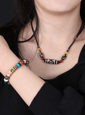 西藏血丝三眼天珠绿松石玛瑙牛骨藏式多手串民族风女手链