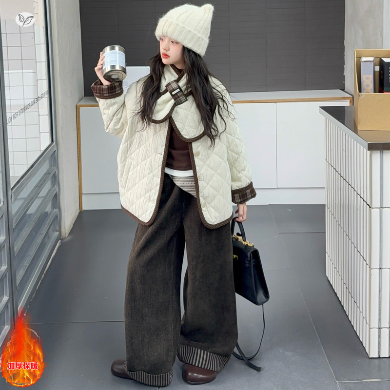 女童2025冬季新款小香风格子两面穿绗棉外套女大童加厚棉服送围脖，童装休闲套装，祺儿童装