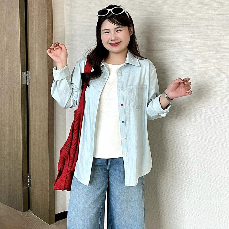 乃粒大码女装休闲POLO领女衬衣牛仔外套26春夏胖mm宽松衬衫NS1530
