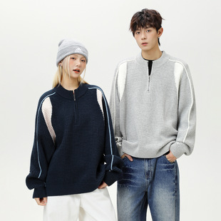 外套 STORE重磅肌理复古半拉链毛衣情侣秋冬撞色网格针织衫 JAY