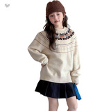 女童毛衣2025年秋冬加厚新款中大童撞色针织衫新年打底衫长袖T恤，童装毛衣，祺儿童装