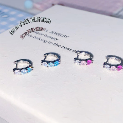 彩糖果冻锆石Ｄ型耳圈直针耳环耳扣女多巴胺耳饰个性耳骨钉环