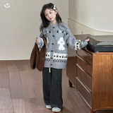 女童2025年秋冬新款韩版卡通钩花针织开衫中大童春秋时髦毛衣外套，童装毛衣，祺儿童装