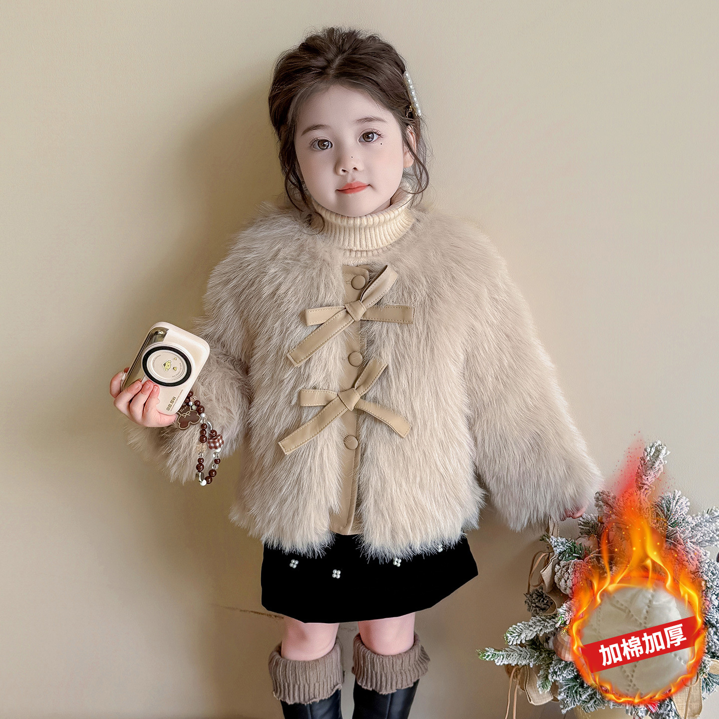 女童蝴蝶结仿皮草外套秋冬季2025新款女时髦洋气保暖冬装上衣P86，童装外套，祺妙童装