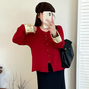 大码女装韩版气质新中式国风外套女红色上衣2025秋款胖mm针织衫潮