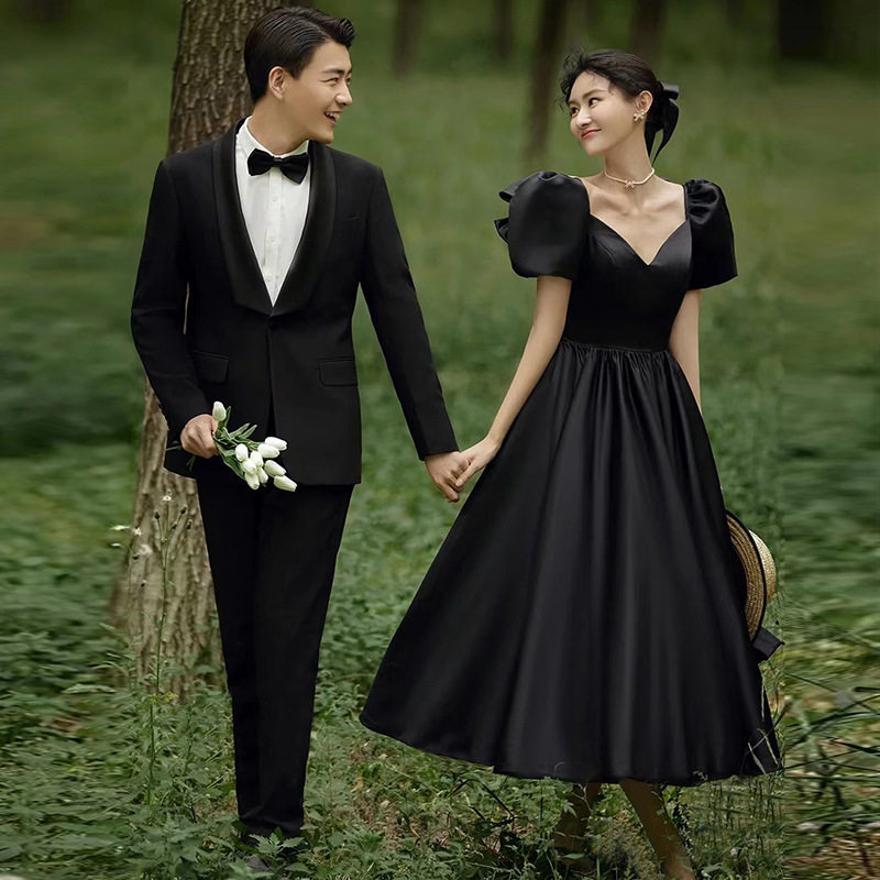 新款影楼主题服装法式赫本风轻婚纱摄影轻奢旅拍森系拍照黑色礼服