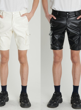 夏季薄款中青年跨境皮裤士弹力白色黑色皮裤时尚短裤五分裤装