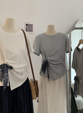 LZHOUSE丝巾系带圆领纯色短袖T恤女夏季新款休闲百搭上衣