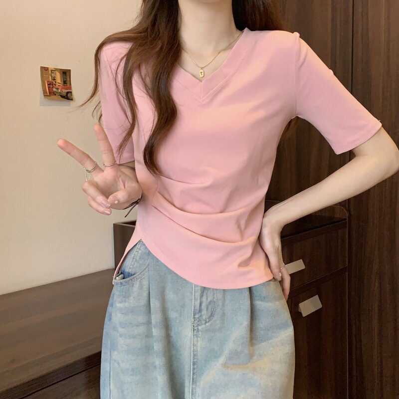 大码女装正肩褶皱V领短袖T恤女打底衫夏季胖MM遮肚子修身显瘦上衣