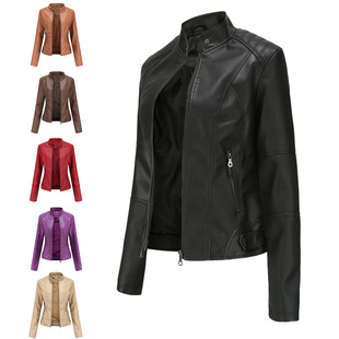 Fit Thin Standneck Women Coat Leather Slim Large Jacket