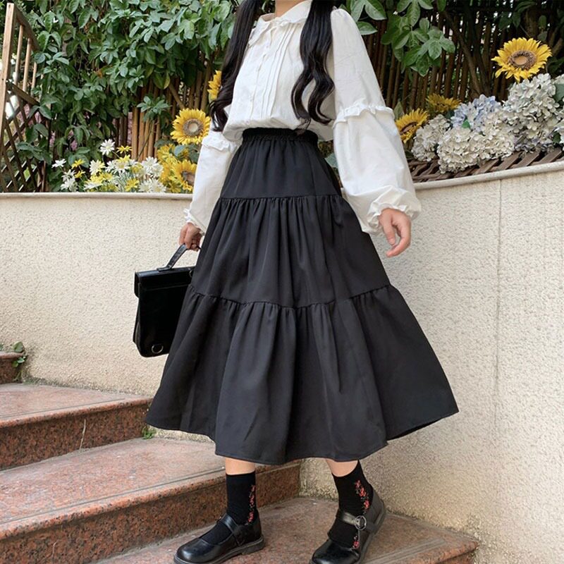 中长款裙子显瘦半身裙春秋女日系文艺龄少女白色腰百褶蛋糕裙