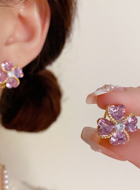 轻奢时尚精致级感紫色锆石小花耳钉s925银针气质百搭超闪耳环女
