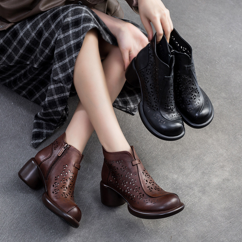 上海杰骤2025春季新款透气镂空凉靴圆头头层牛皮复古百搭潮小跟