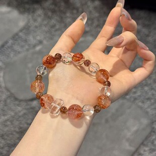 天然白水晶红胶花手串搭配黑金超七白水晶精致高级感时尚手链