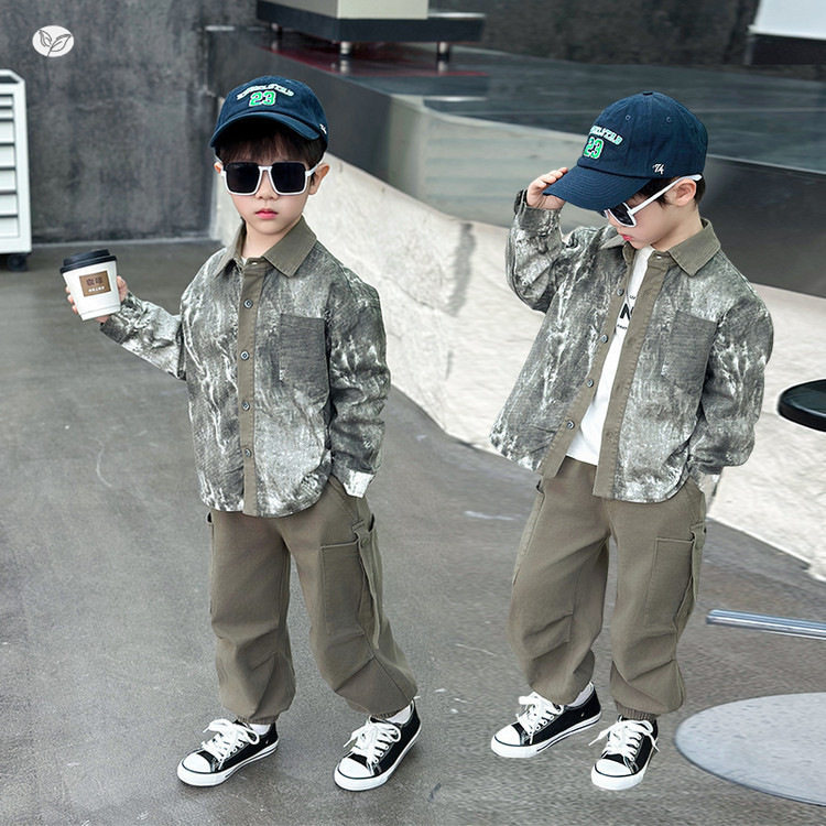 童扎染衬衫套装2025春装新款儿童帅气潮款外贸童装中小童衣服酷，童装休闲套装，祺儿童装