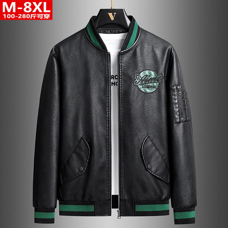 春秋季潮装时尚棒球领绣花机车皮衣夹克胖大码加宽松休闲外套