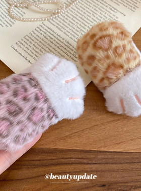 毛绒豹纹猫爪发夹秋冬复古卡通可爱气质鸭嘴夹小众级感发饰