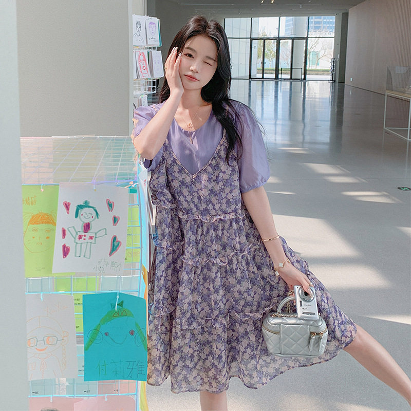紫色假两件泡泡袖碎花连衣裙女夏2024新款小个子温柔风初恋娃娃裙