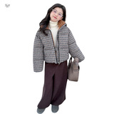 女童2025年冬季新款加厚拼接毛领千鸟格子棉衣外套韩版面包服棉袄，童装棉衣，祺儿童装